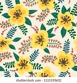 floral pattern yellow flowers, plants, branches and berries on a white background. design greeting card and invitation of wedding, Happy mother day, birthday, Valentine s day and seasonal holiday.