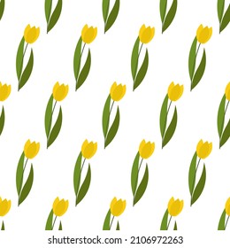 Floral pattern with yellow tulips. Vector illustration isolated on white background. For textiles, brochures, flyers, scrapbooking, packaging, prints, stationery, flower and gift shops.