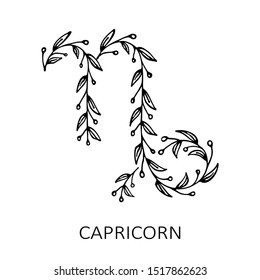 Floral pattern with zodiac sign Capricorn isolated on white background. Zodiac constellation. Hand drawn style. Design element for horoscope and astrological forecast.