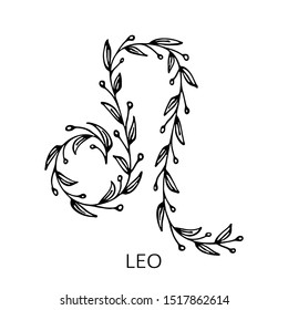 Floral pattern with zodiac sign Leo isolated on white background. Zodiac constellation. Hand drawn style. Design element for horoscope and astrological forecast.