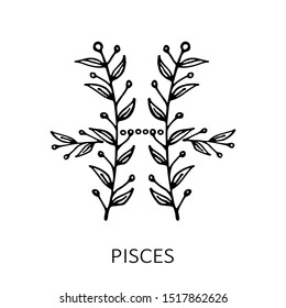 Floral pattern with zodiac sign Pisces isolated on white background. Zodiac constellation. Hand drawn style. Design element for horoscope and astrological forecast.