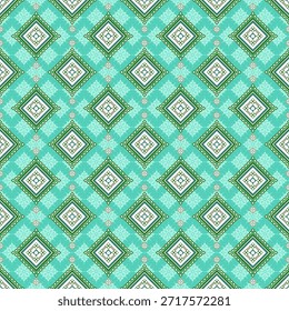 Un fondo estampado floral que cubre toda la superficie en tonos verdes. La capa superior presenta un patrón de diamante repetitivo dispuesto en filas, utilizando tonos verdes profundos.