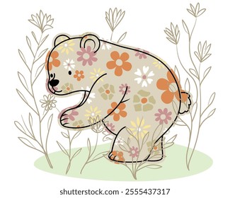 Floral Patterned Bear Among Wildflowers, vector illustration.