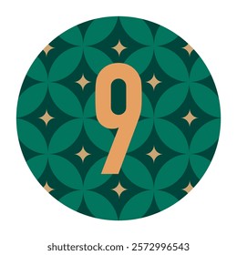 Floral Patterned Circle with Gold Number 9 on Green Background and Star Highlights