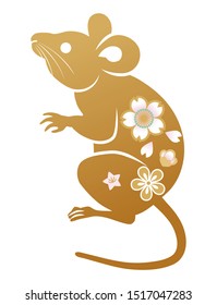 Floral patterned crouching rat ,Gold color - clip art for Year of the rat
