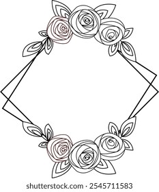 Floral patterned frame with floral elements, twigs and leaves. Hand drawn vector illustration in line art style for wedding invitations, cards and more.