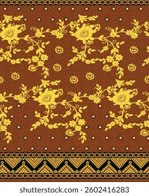 Floral patterned textile with a brown background, featuring gold flowers and decorative borders, for textile, wallpaper, gift wrapping.