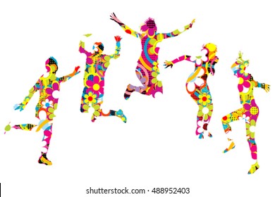 Floral patterned young people silhouettes jumping
