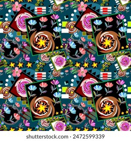 Floral patterns arranged in a modern style and geometric shapes, drawn by hand, seamless on a black background. Designed for fabric, textiles, wallpaper, gift wrapping paper.