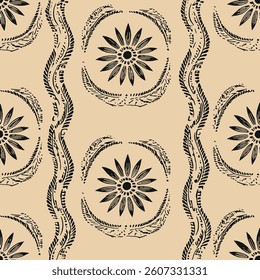floral patterns in black on a beige background attract attention