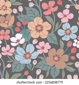Floral patterns of blue and beige, brown and pink flowers and berries on a light brown background. Cute floral aesthetic composition for wallpaper, print, poster, postcard.