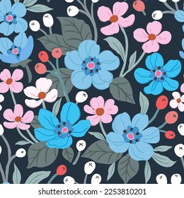 Floral patterns of blue and pink flowers and berries on a dark background. Cute floral aesthetic composition for wallpaper, print, poster, postcard, phone cases, banner, fabric, textiles.