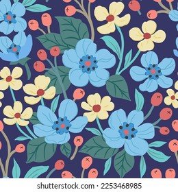 Floral patterns of blue and yellow flowers and berries on a dark purple background. Cute floral aesthetic composition for wallpaper, print, poster, postcard, phone cases, banner, fabric, textiles.