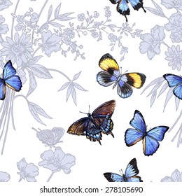 Floral Patterns With Butterflies. Hand Painting. Watercolor.  Vector Illustration.Seamless Pattern For Fabric, Paper And Other Printing And Web Projects.