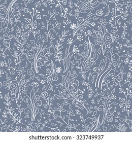 Floral patterns and decorations, leaves, flower ornaments. Vector seamless floral pattern on blue background. Hand draw, doodles. 