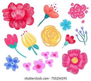 Floral patterns hand drawn collection, flowers with elements as petals and leaves, branches of plants vector illustration isolated on white background