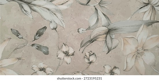 Floral patterns and leaves on a white background. Floral ornament wallpaper or fabric. Wallpaper texture with flowers and leaves.