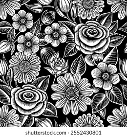 Floral patterns. Meadow flowers. Botanical collage. Black and white