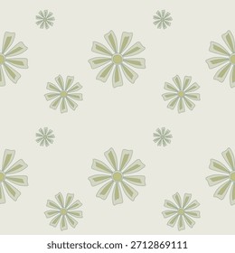 florale Muster auf hellem Hintergrund bilden ein nahtloses Design. Die Blumen haben einfache, stilisierte Blütenblätter, die von zentralen Kreisen ausstrahlen. 