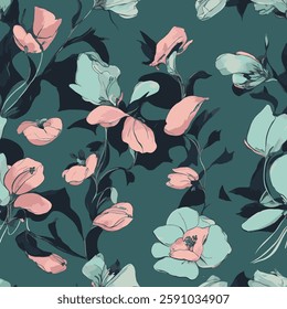 floral patterns in pink and light blue tones on a dark green background