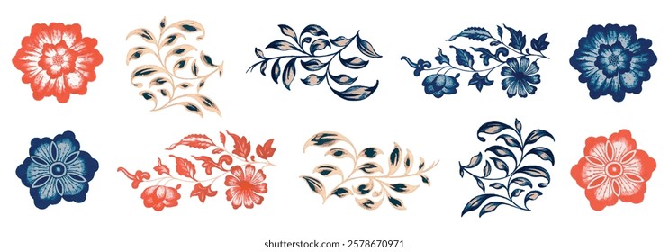 Floral patterns in red and blue. Decorative floral designs with intricate leaves and flowers. Artistic floral motifs in a classic style. Elegant floral art. Decorative illustrations, element vectors.