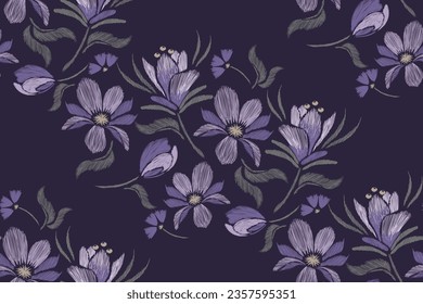 Floral patterns seamless embroidery ethnic batik vintage. Flower motifs paisley batik print template. Blue magnolia flowers ikat design hand drawn. Vector illustration. 