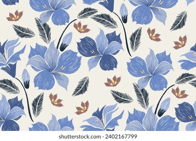 Blumenmuster nahtlose Stickerei ethnische Batik Vintage. Blumenmotive paisley Batik Druckvorlage. Blauer Aquarell Blumen kat Design handgezeichnet. Vektorgrafik. 