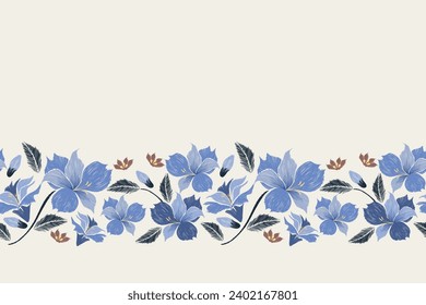 Floral patterns seamless embroidery ethnic batik vintage. Flower motifs paisley batik print template. Blue watercolour flowers ikat design hand drawn. Vector illustration. 