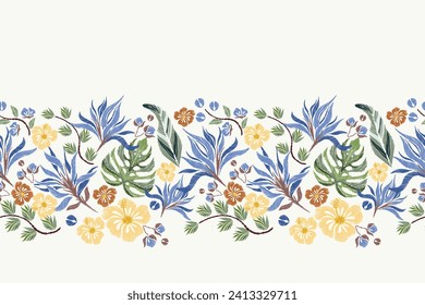 Floral patterns seamless embroidery ethnic batik vintage. Flower motifs paisley batik print template. Blue watercolour flowers ikat design hand drawn. Vector illustration. 