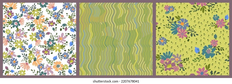 Floral patterns seamless. Set in vector with elements of plants, abstraction and bouquets