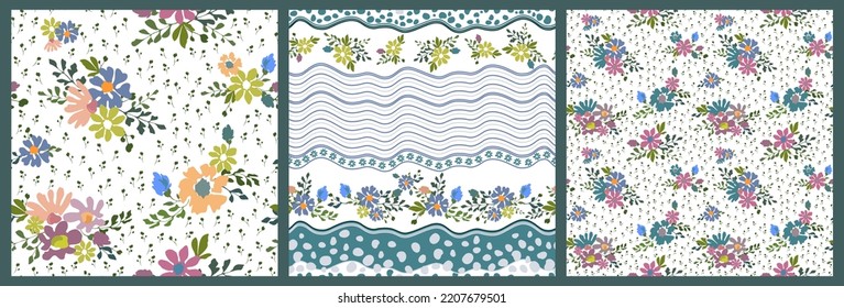 Floral patterns seamless. Set in vector with elements of plants, abstraction, bouquets and edging on a white background