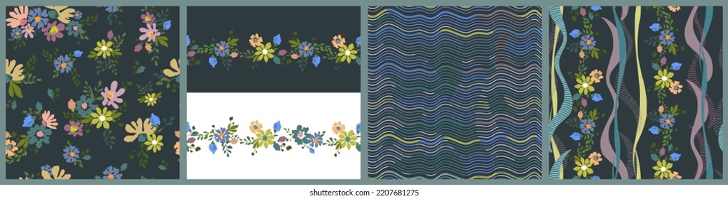 Floral patterns seamless. Set in vector with elements of plants, with abstract bright waves and piping, on a dark background