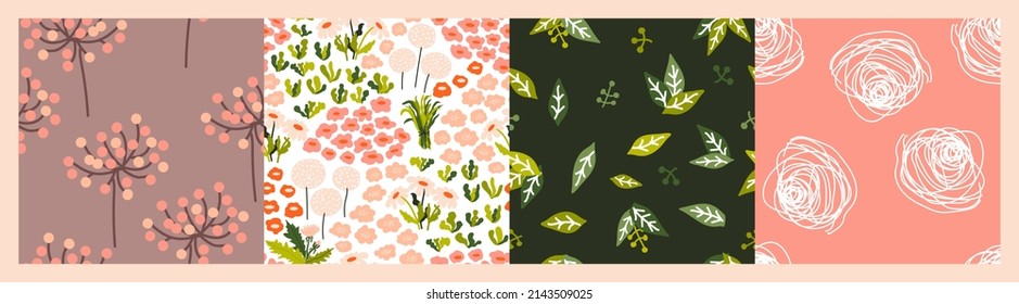 Floral patterns set. Abstract flowers, chamomiles, herbs, leaves. Vector backgrounds. Perfect for printing on the fabric, design package and cover