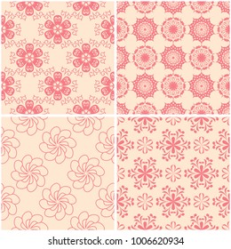Floral patterns. Set of beige and red seamless backgrounds. Vector illustration