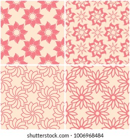 Floral patterns. Set of beige and red seamless backgrounds. Vector illustration