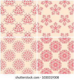 Floral patterns. Set of beige and red seamless backgrounds. Vector illustration