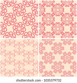 Floral patterns. Set of beige and red seamless backgrounds. Vector illustration
