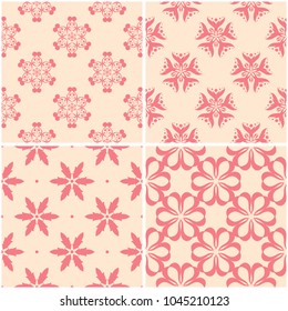 Floral patterns. Set of beige and red seamless backgrounds. Vector illustration