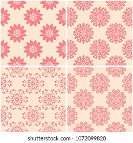 Floral patterns. Set of beige and red seamless backgrounds. Vector illustration