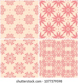 Floral patterns. Set of beige and red seamless backgrounds. Vector illustration