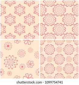 Floral patterns. Set of beige and red seamless backgrounds. Vector illustration
