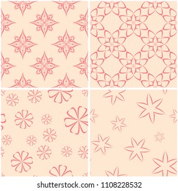 Floral patterns. Set of beige and red seamless backgrounds. Vector illustration