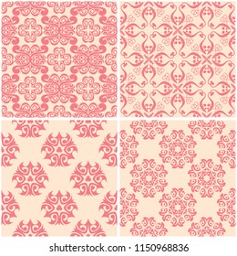Floral patterns. Set of beige and red seamless backgrounds. Vector illustration