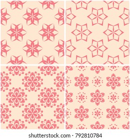 Floral patterns. Set of beige and red seamless backgrounds. Vector illustration