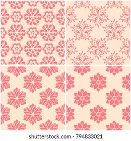 Floral patterns. Set of beige and red seamless backgrounds. Vector illustration