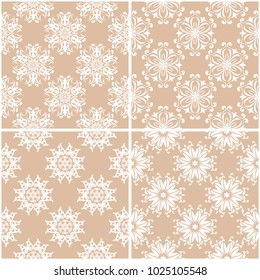 Floral patterns. Set of beige and white seamless backgrounds. Vector illustration