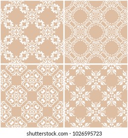 Floral patterns. Set of beige and white seamless backgrounds. Vector illustration
