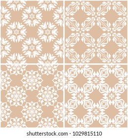 Floral patterns. Set of beige and white seamless backgrounds. Vector illustration
