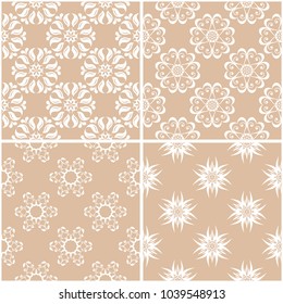 Floral patterns. Set of beige and white seamless backgrounds. Vector illustration