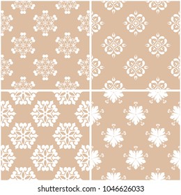 Floral patterns. Set of beige and white seamless backgrounds. Vector illustration